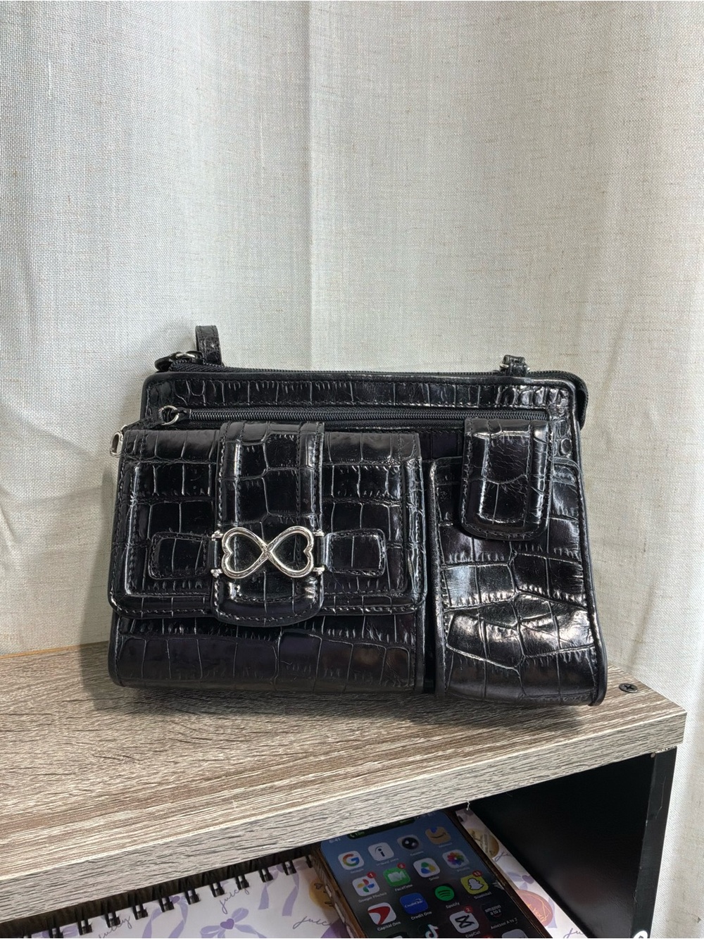 Brighton Black Croc-Embossed Crossbody with Silver Accent